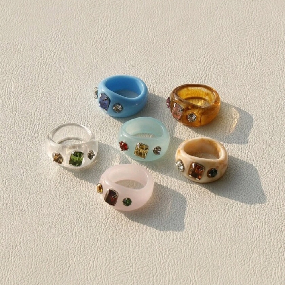 Multi-Jeweled Resin Rings (Set of 6)